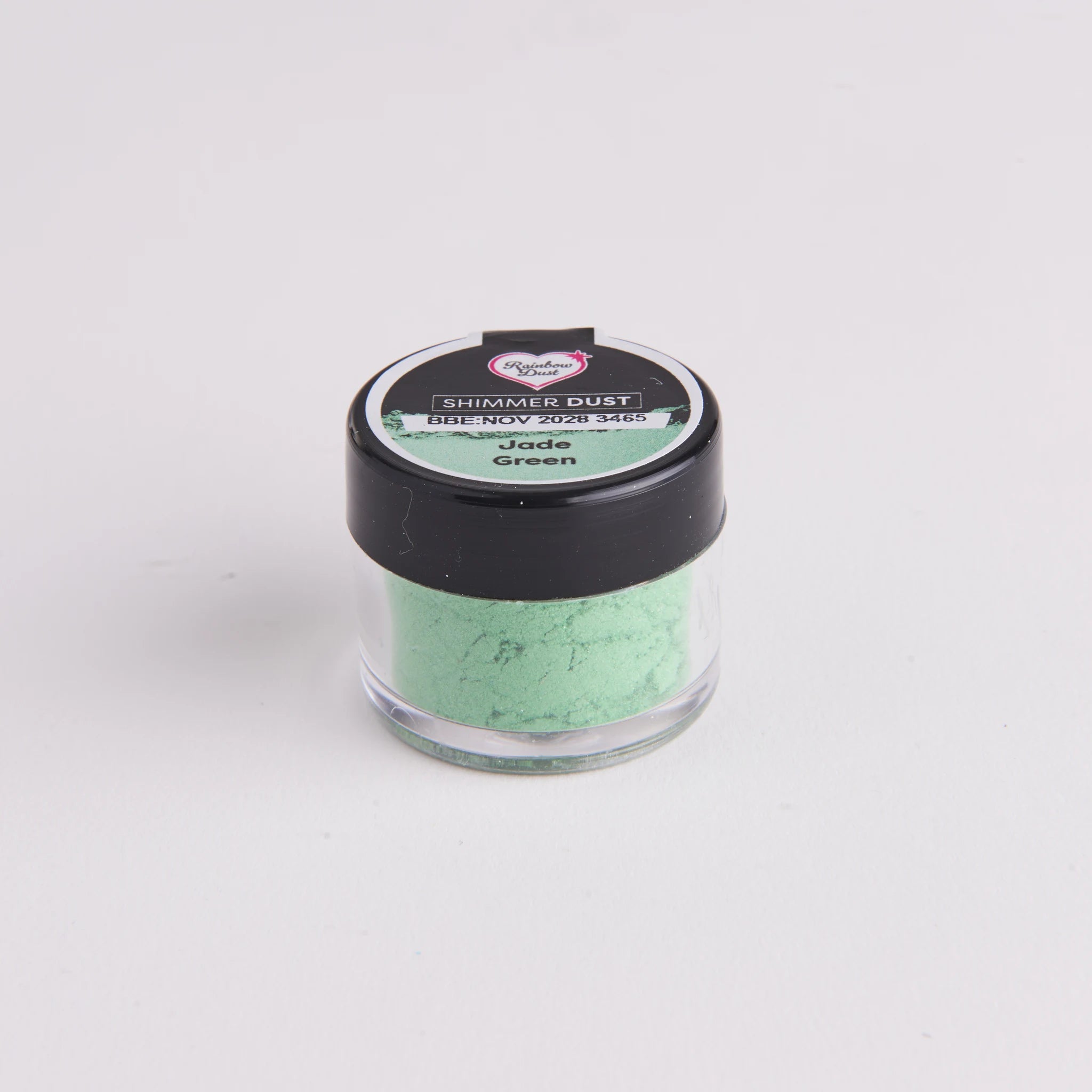 Rainbow Dust Shimmer Dust jadegrønt pulver i klar plastkrukke med svart lokk