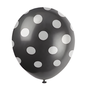 Svarte ballonger med hvite prikker, 6 stk