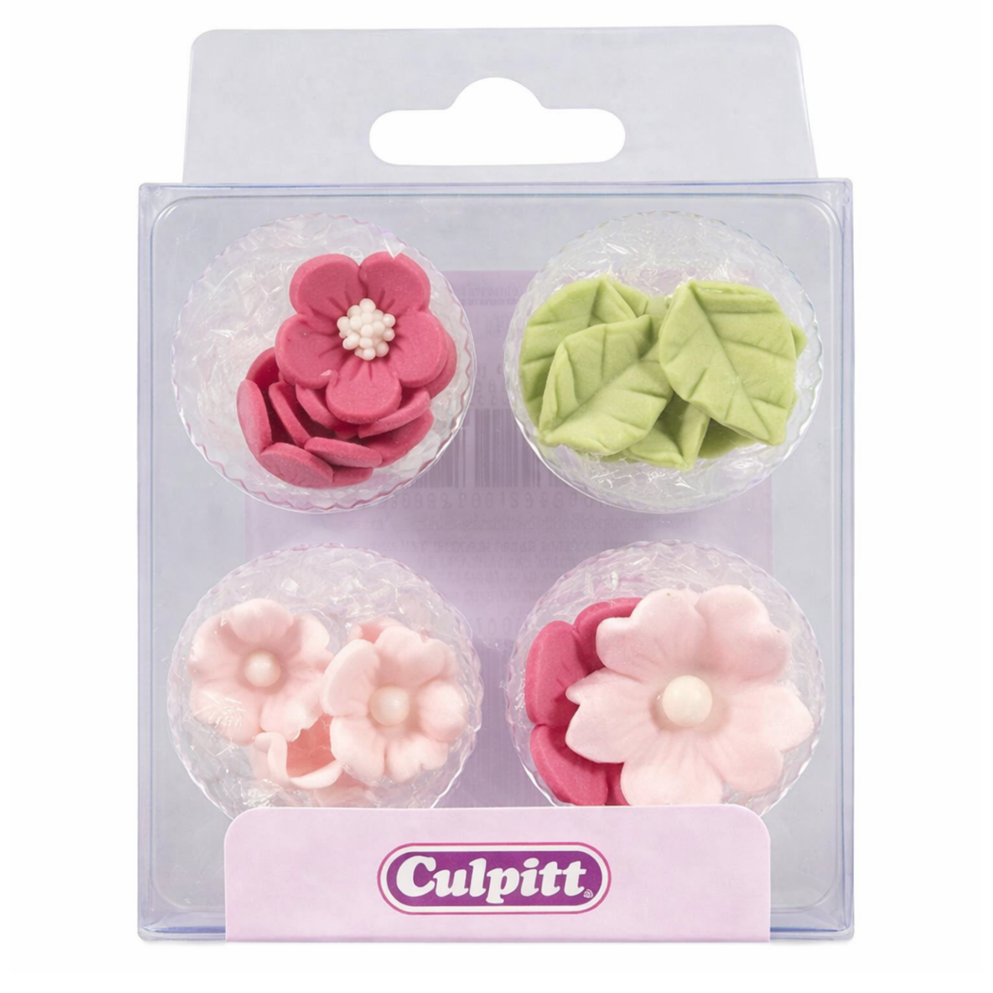 Culpitt Spiselig kakepynt Rosa blomster og blader pk/12 Spiselig kakepynt eller sukkerdekorasjoner fra Culpitt. Ingredienser blomster og blad: potetstivelse, rismel, emulgator (E414, E466), glukose, farge (E104, E122, E129, E133). Ingredienser nonpareils: sukker, maismel, glasseringsmiddel, glasur, karnaubavoks. E104, E122 og E129 kan ha en negativ effekt på aktivitet og oppmerksomhet hos barn.  S