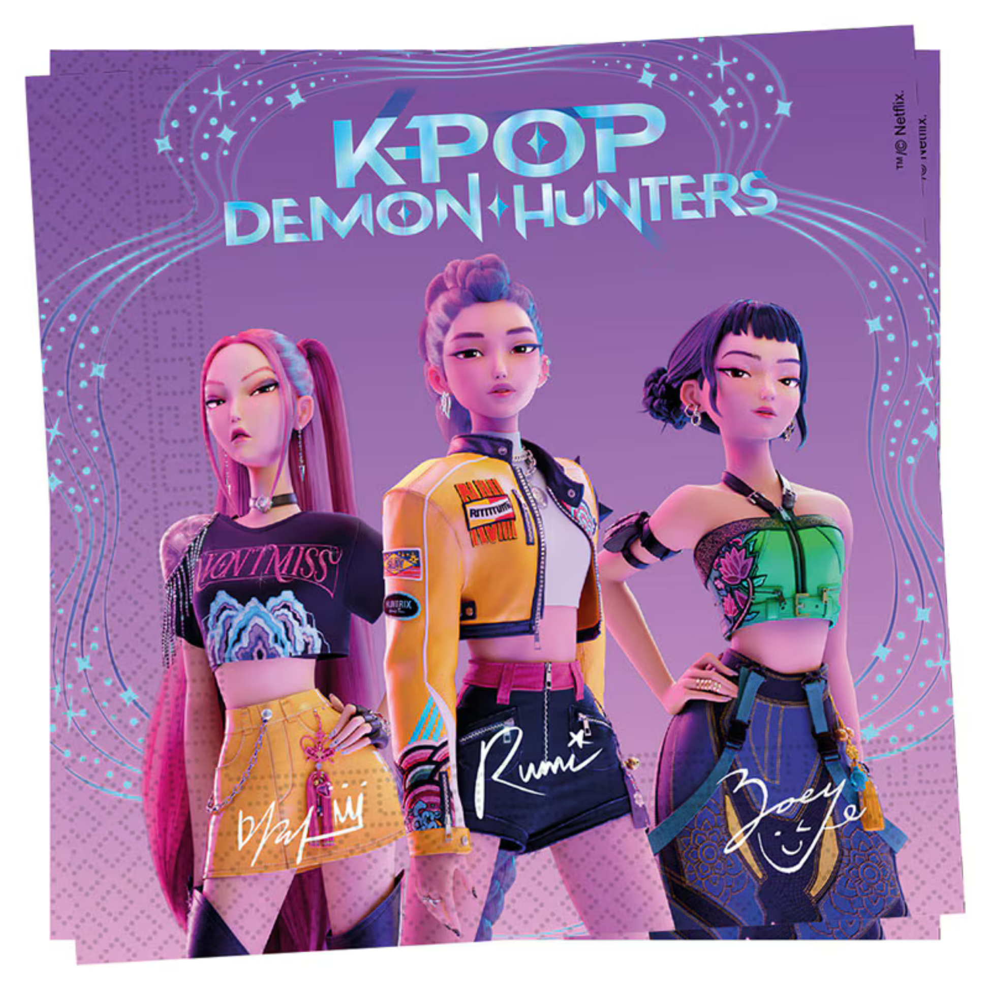  K-Pop Demon Hunters servietter med Rumi, Mira og Zoey i fargerikt lilla og neon design, 20 stykker