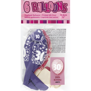 Rosa, hvit, lilla ballonger med 30-trykk, totalt 6 stk