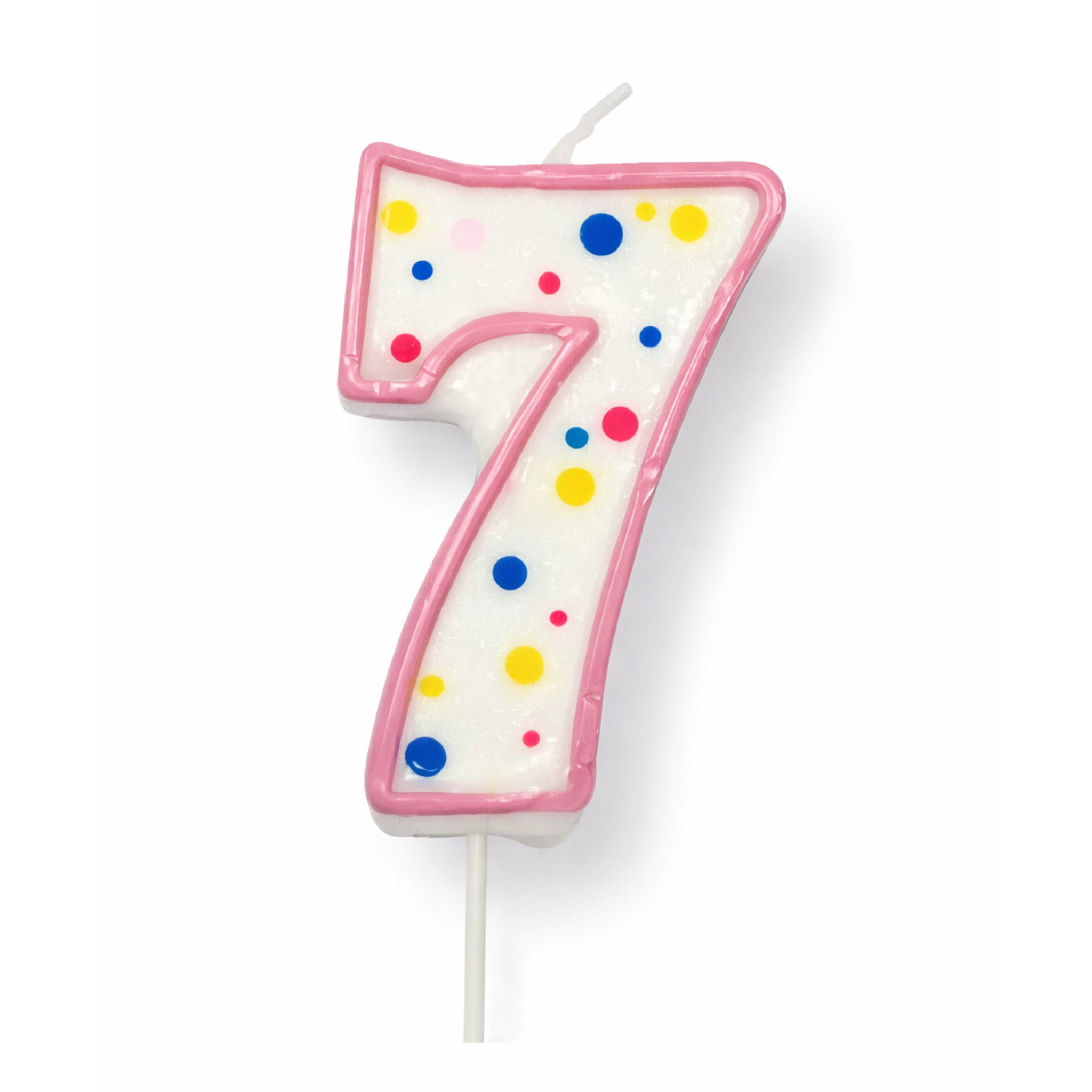 PME Stort Kakelys Rosa Nummer 7 Fullfør bursdagskake med et dekorativt tallys eller nummerlys av tallet 7 fra PME! Har en rosa kant med en hvit bakgrunn med prikker i farger i midten.  Tallkakelyset er laget av parafinvoks.  Størrelse: ca. 63 mm.