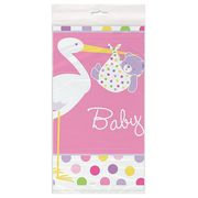 Babyjente/stork plastduk Pynt opp til babyshoweren med denne søte, rosa plastduken med en stork på. Pakken inneholder 1 duk.  Mål: 1,37 meter x 2,13 meter