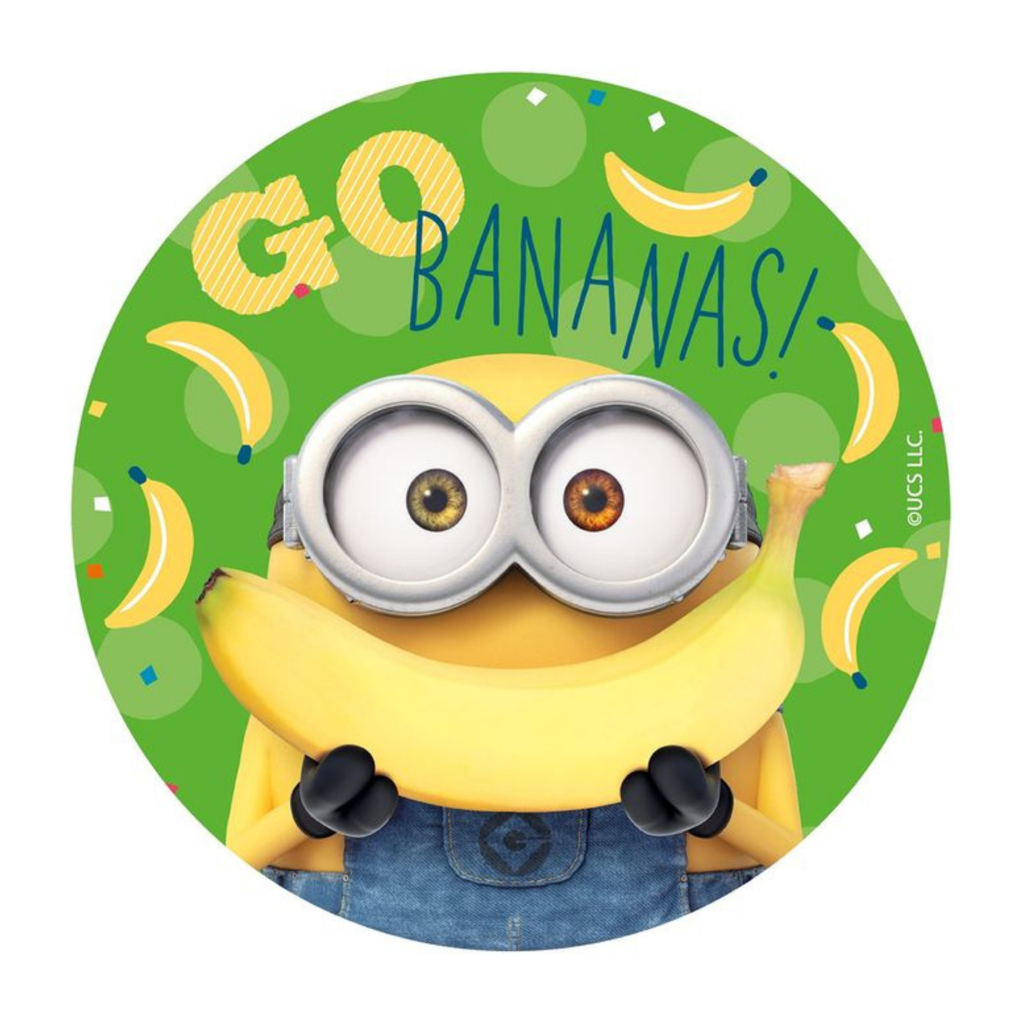 Kakebilde -Wafer- Minions 20 cm Lag en flott Minions-kake med dette kakebildet av favorittfilmen Minions/Grusomme meg! Kakebildet er 20 cm i diameter og er veldig enkelt i bruk.   Slik bruker du det:  Dekk kaken med frosting/icing, fondant eller marsipan. Ta bort beskyttelsesfilmen på bildet. Ved bruk av marsipan eller fondant, pensle overflaten forsiktig med litt vann og legg bildet på. Bruk en m