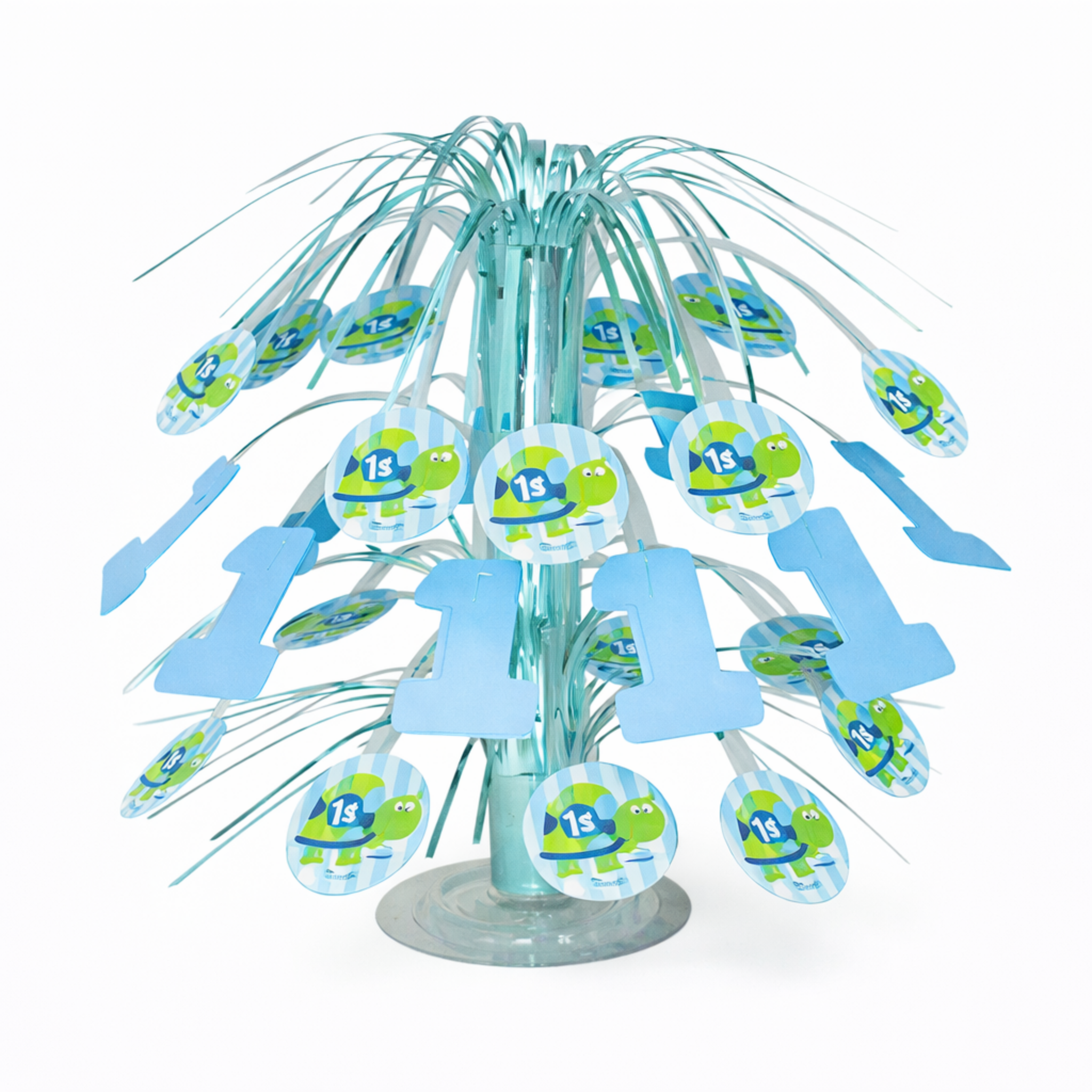 1års borddekor med plastfot, skilpaddetrykk Borddekor med tallet 1, skilpadde og tassels i flotte blå og grønne farger som spretter ut fra foten av borddekoret, til 1 årsdagen.