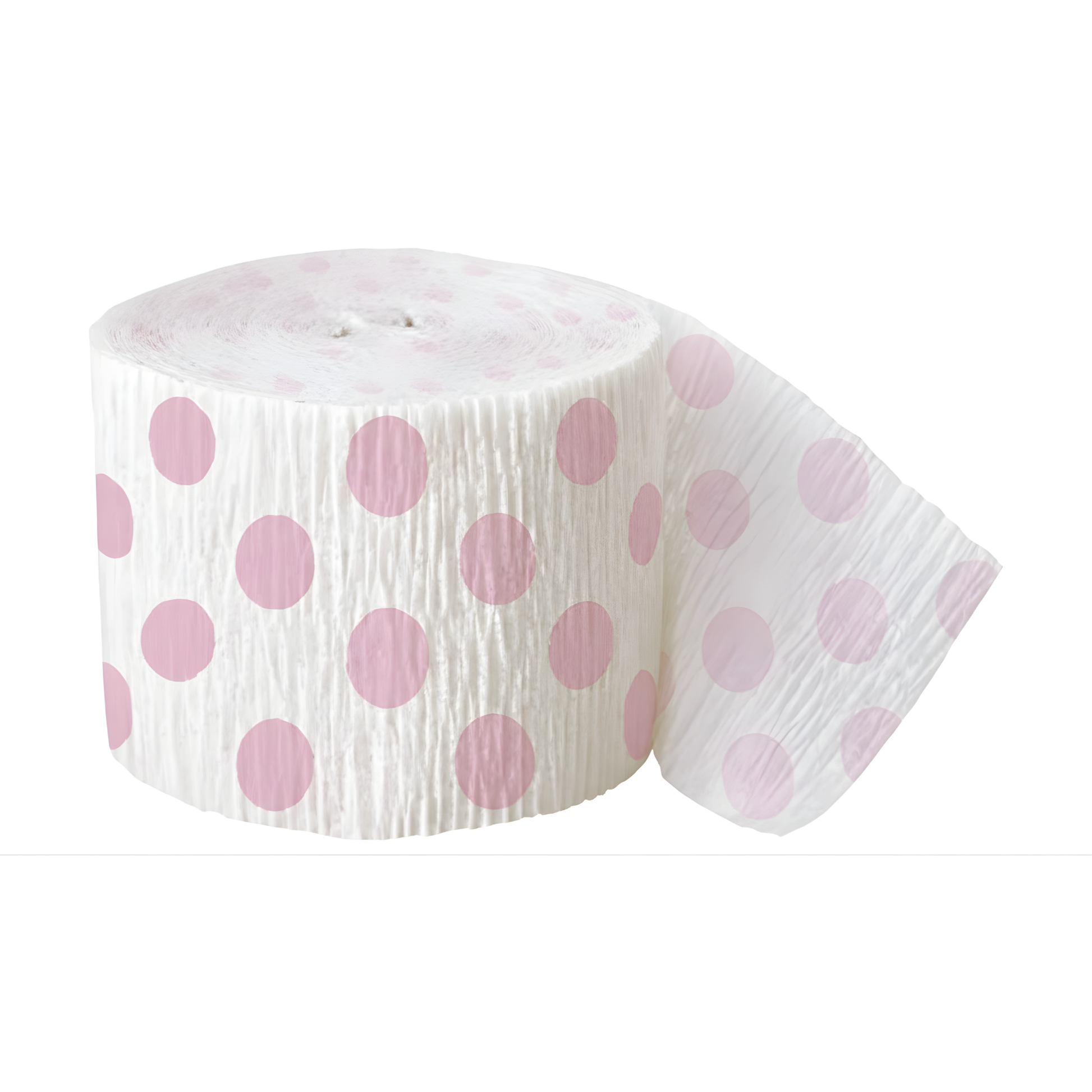 Rosa og hvit crepe streamer, prikker Hvit med rosa prikker crepe streamer rull til å henge opp som pynt fra tak og vegger. Kan henges rett ned eller fra vegg til vegg. Klipp opp til ønskte lengde.  Rullen er ca 9 meter lang og 4,5 cm bred.