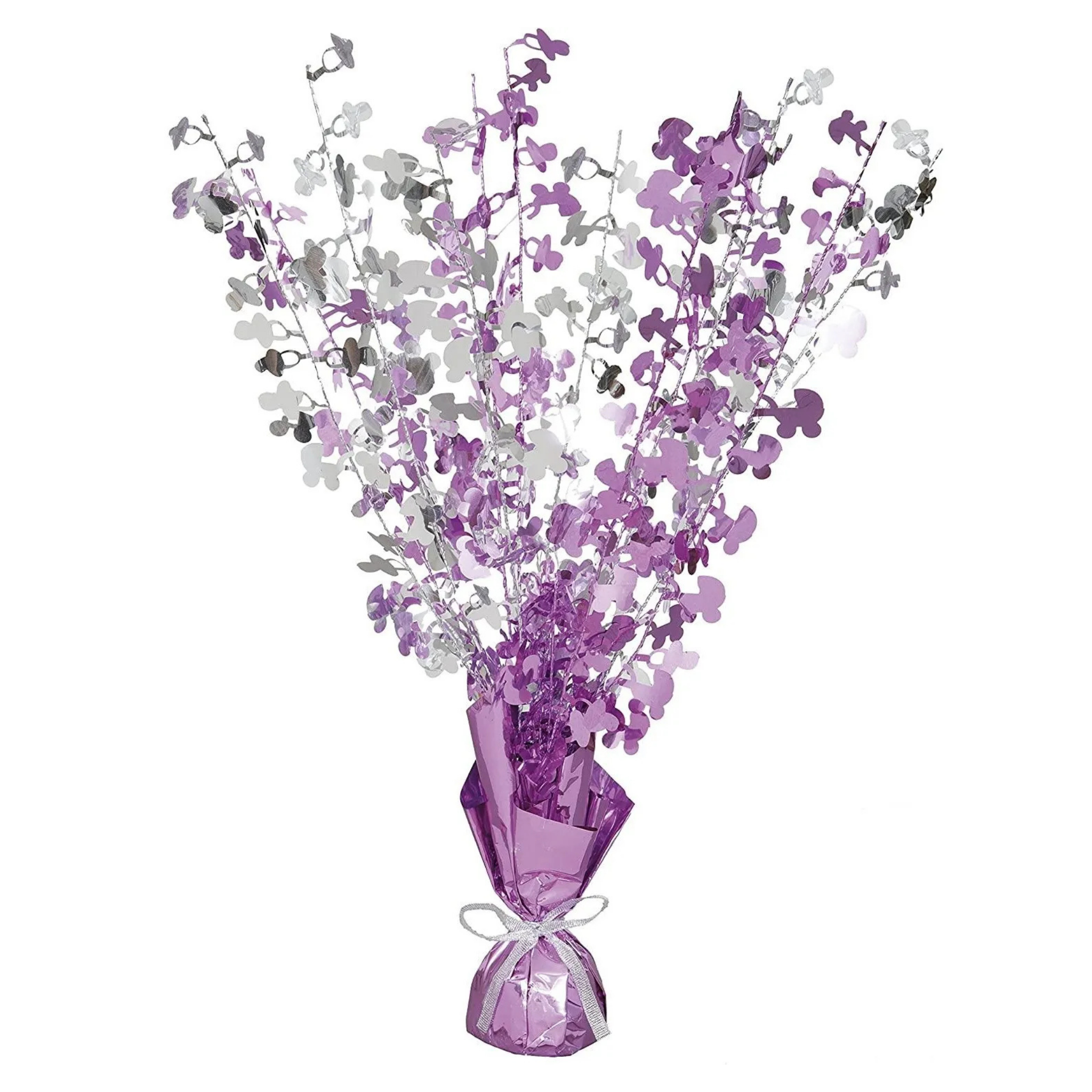 Babyshower rosa bordpynt med tung fot/base Bordpynt eller ballongvekt i lys rosa og sølv. Egner seg godt som pynt i for eksempel dåp eller babyshower.  Høyden på denne er ca 40 cm.