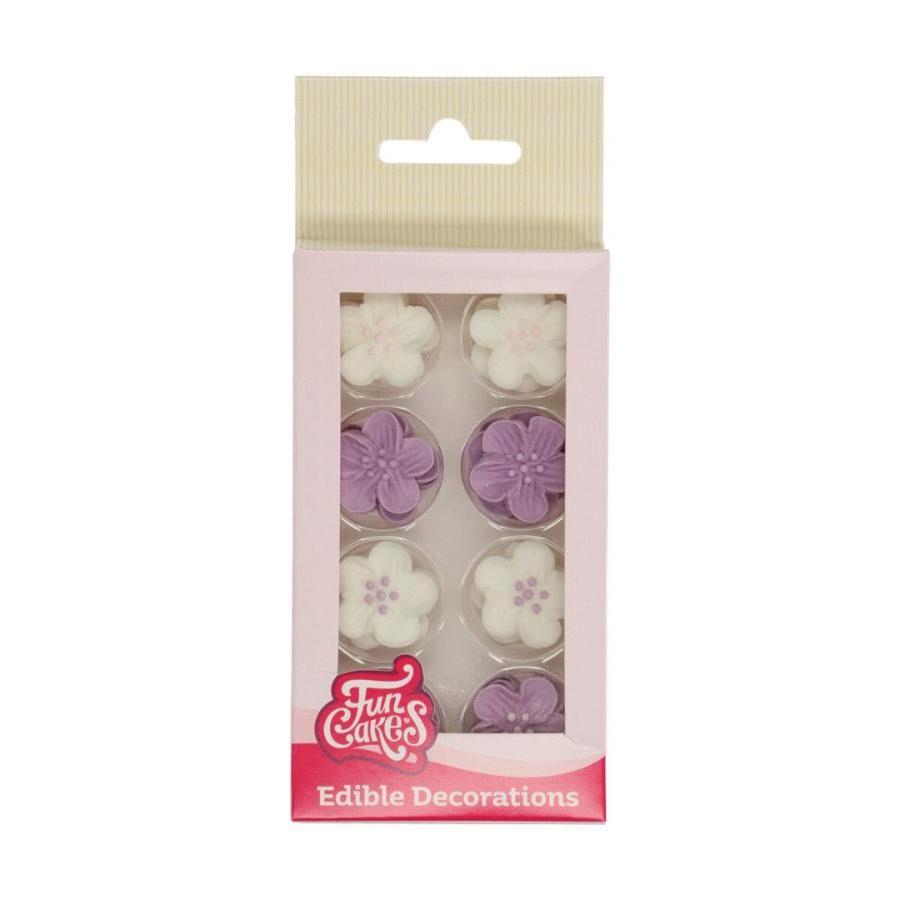 spiselig kakepynt hvite og lilla blomster