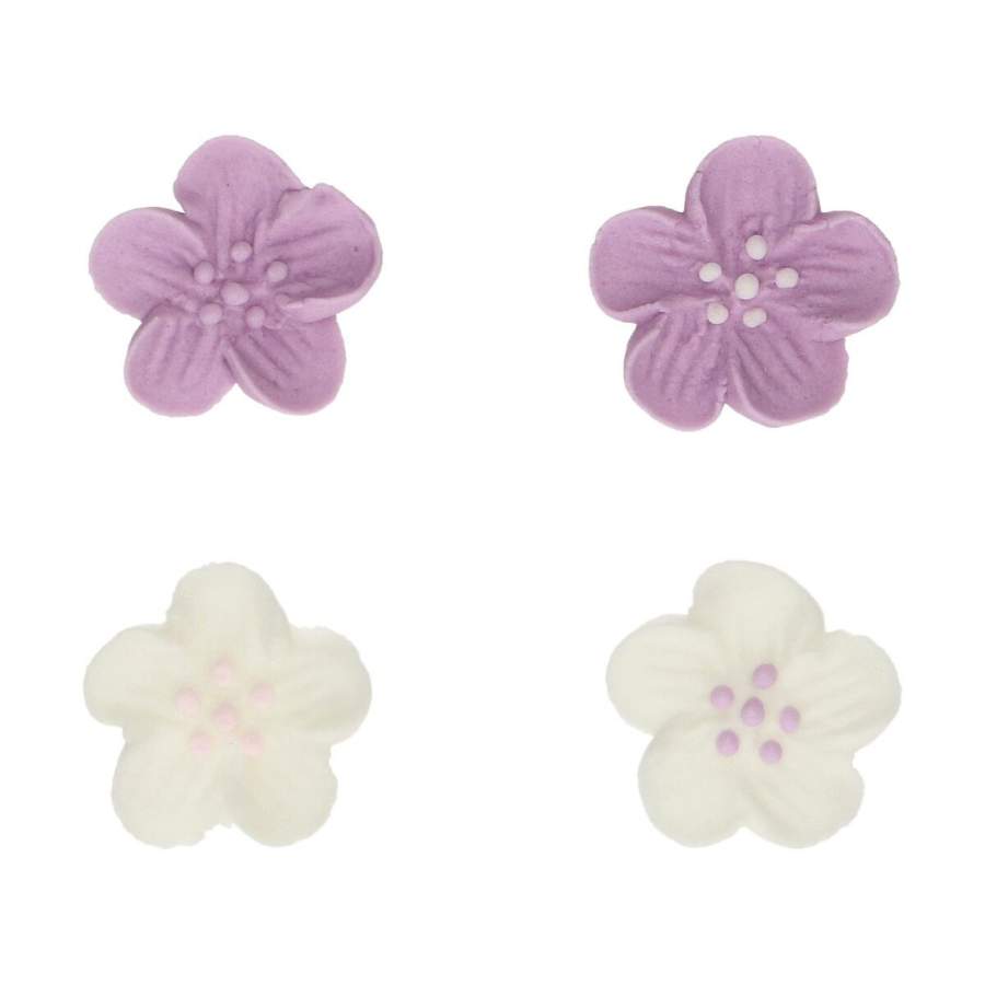 spiselig kakepynt lilla og hvite blomster