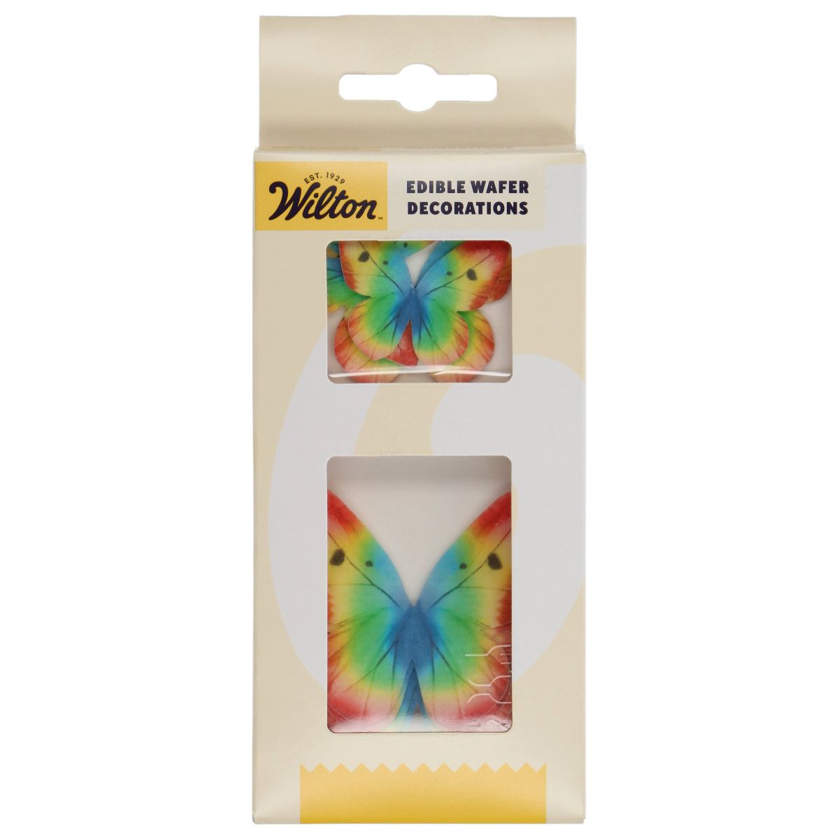 Wilton Spiselig kakepynt sommerfugl – Regnbue pk/8  Dekorér kaker, cupcakes og andre bakverk med disse fargerike spiselige sommerfuglene fra Wilton. Settet inneholder 8 sommerfugler i flotte regnbuefarger, med både store og små størrelser. Sommerfuglene er ferdig utskåret og klare til bruk rett fra pakken. 
 De livlige regnbuefargene gir en leken og festlig effekt som passer til bursdag, sommerfe