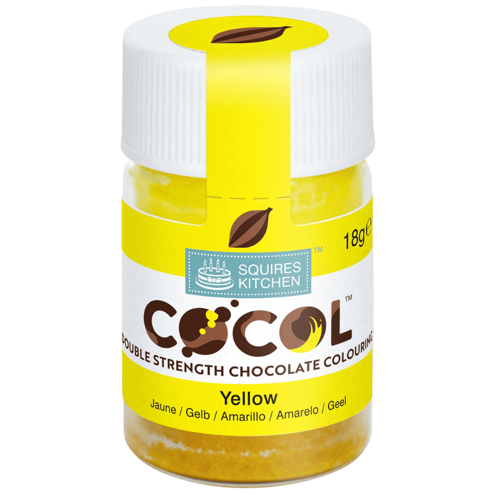 SK Cocol Sjokoladefarge -Gul- 18g   Squires Kitchen COCOL Sjokoladefarge - Gul 18g  
 Vil du farge hvit sjokolade eller kakaosmør i en strålende gul farge? Squires Kitchen COCOL sjokoladefarge i gul gir deg muligheten til å lage spektakulær sjokolade med en intens og levende gulfarge. Denne oljebaserte sjokoladefargen er spesielt utviklet for å farge sjokolade og kakaosmør, og gir profesjonelle re