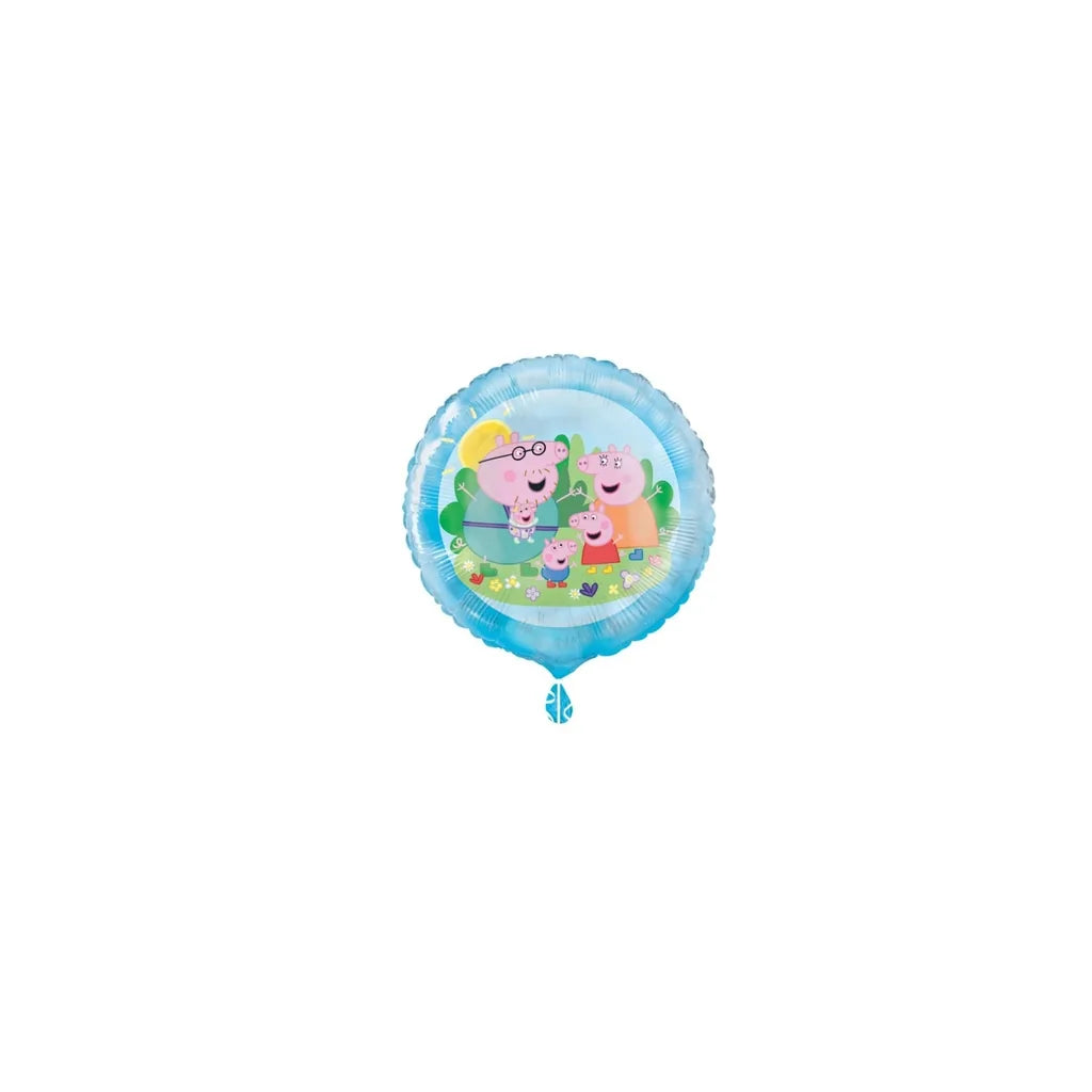 Lyseblå folieballong med Peppa, Georg, Mamma Gris og Pappa Gris med baby Evie på armen