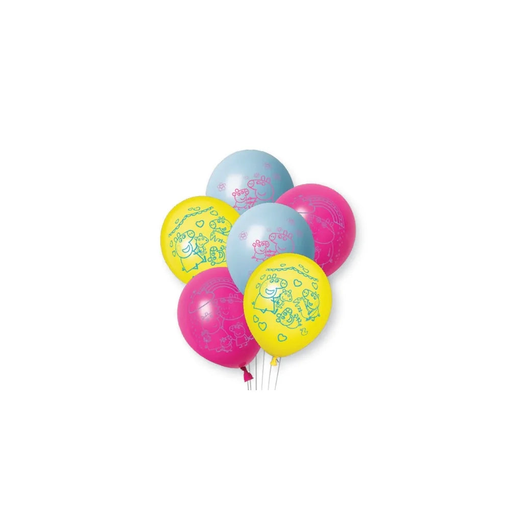 Gule, røde, lyseblå og mintgrønne ballonger med hvitt trykk av hele Peppa Gris-familien, inkludert Evie