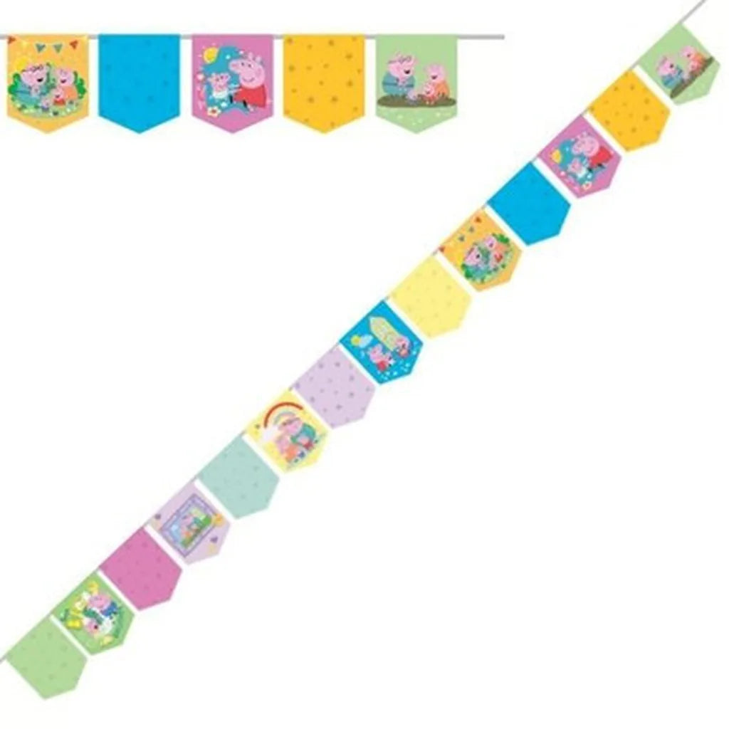 Vimpelbanner med Peppa, Georg, Evie, Mamma Gris og Pappa Gris og regnbuer