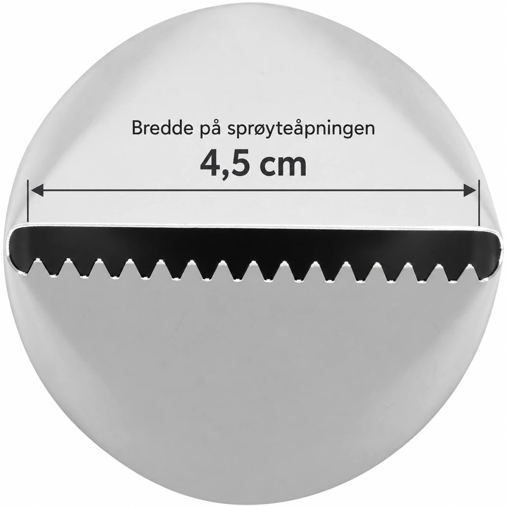 Wilton sprøytetipp #789 med sprøyteåpning markert som 4,5 cm bred