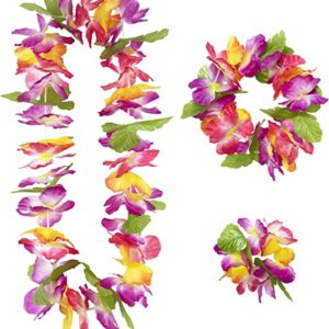 Stor og flott blomsterkrans eller hawaiikrans til hawaiifest, sommerfest og lignende. Her får du hawaiikrans med tilhørende blomsterarmbånd og blomsterkrans til hode.