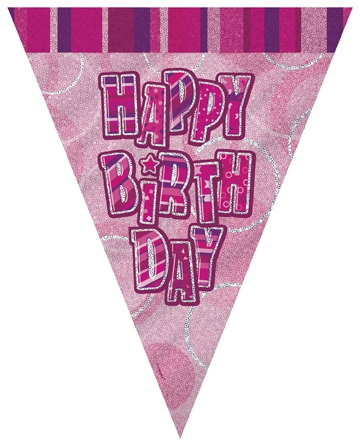 Happybirthday vimpelrekke i plast, rosa, 3,6m