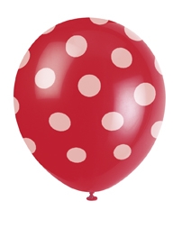 Røde ballonger med hvite prikker, 6 stk