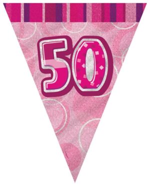 Happy 50th birthday vimpelrekke i plast, rosa, 3,6 meter