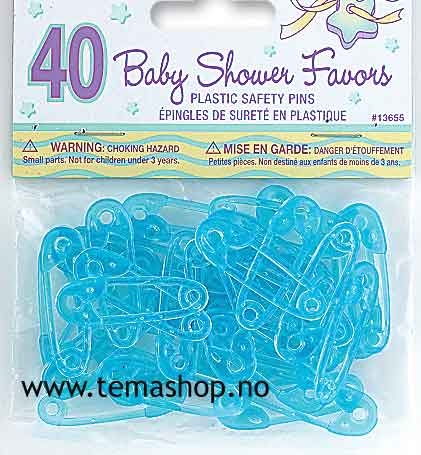 Pakke med 40 stk blå babypin/sikkerhetsnål i plast