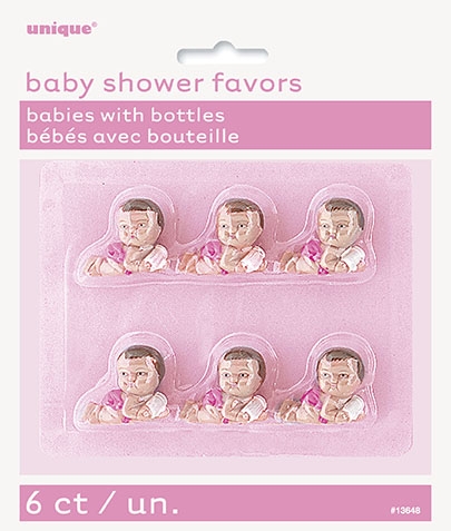 Baby med tåteflaske og rosa bleie, 6stk, hver ca 2,5x2.5cm