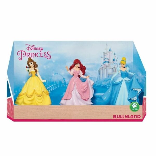 Sett med kaketopper eller kakefigurer med de tre legendariske Disney-prinsessene Belle, Ariel og Askepott