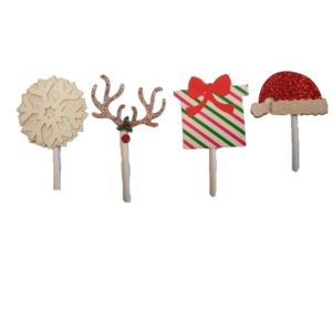Figurpynt til jul med snøkrystall, reinsdyr, misteltein, gave og julelue