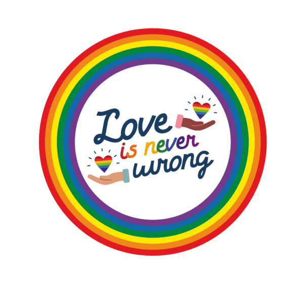 Kakebilde til pride med regnbue og teksten love is never wrong