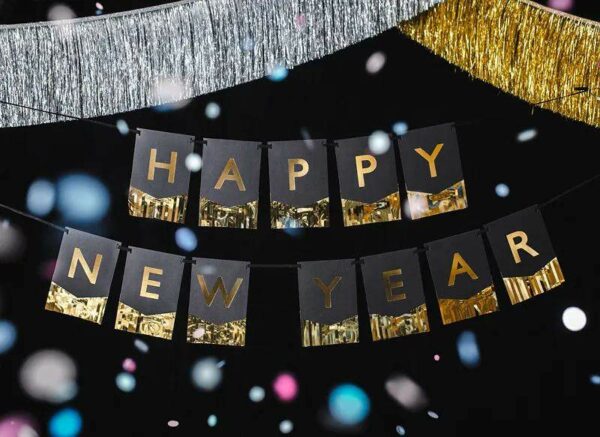 happy new year banner i gull og svart