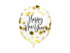konfettiballong til nyttåraften med happy new year tekst i gull