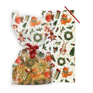 Godteposer i plast / cellofan med twist ties (vriknuter), dekorert med koselig julemotiv. Størrelsen er 12,5 x 28,5 cm. 20 stk pr pakke.