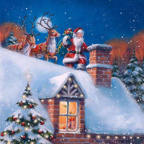 serviettene dekorert med julenissen og reinsdyr på et snødekt hustak