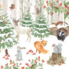 servietter dekorert med rev, har ekorn, vaskebjørn, mus, røyskatt og ugle i vinterkledd skog.