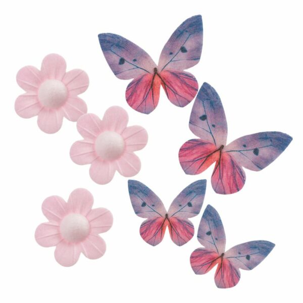 spiselige rosa blomster og lilla sommerfugler